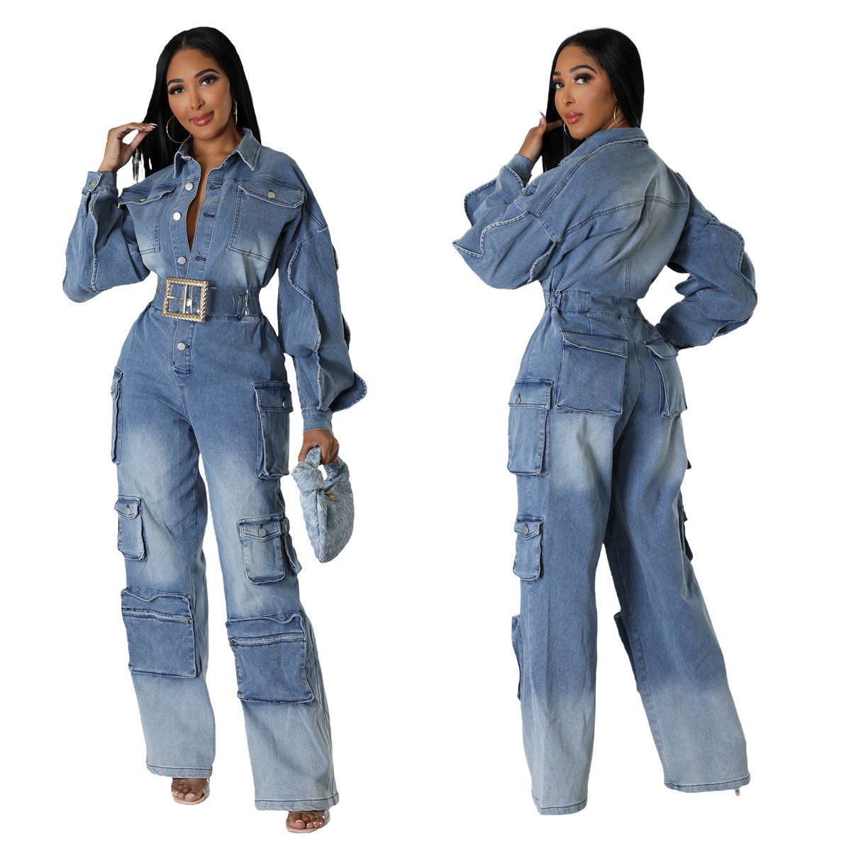 Washed And Worn Denim Jumpsuit With Pockets