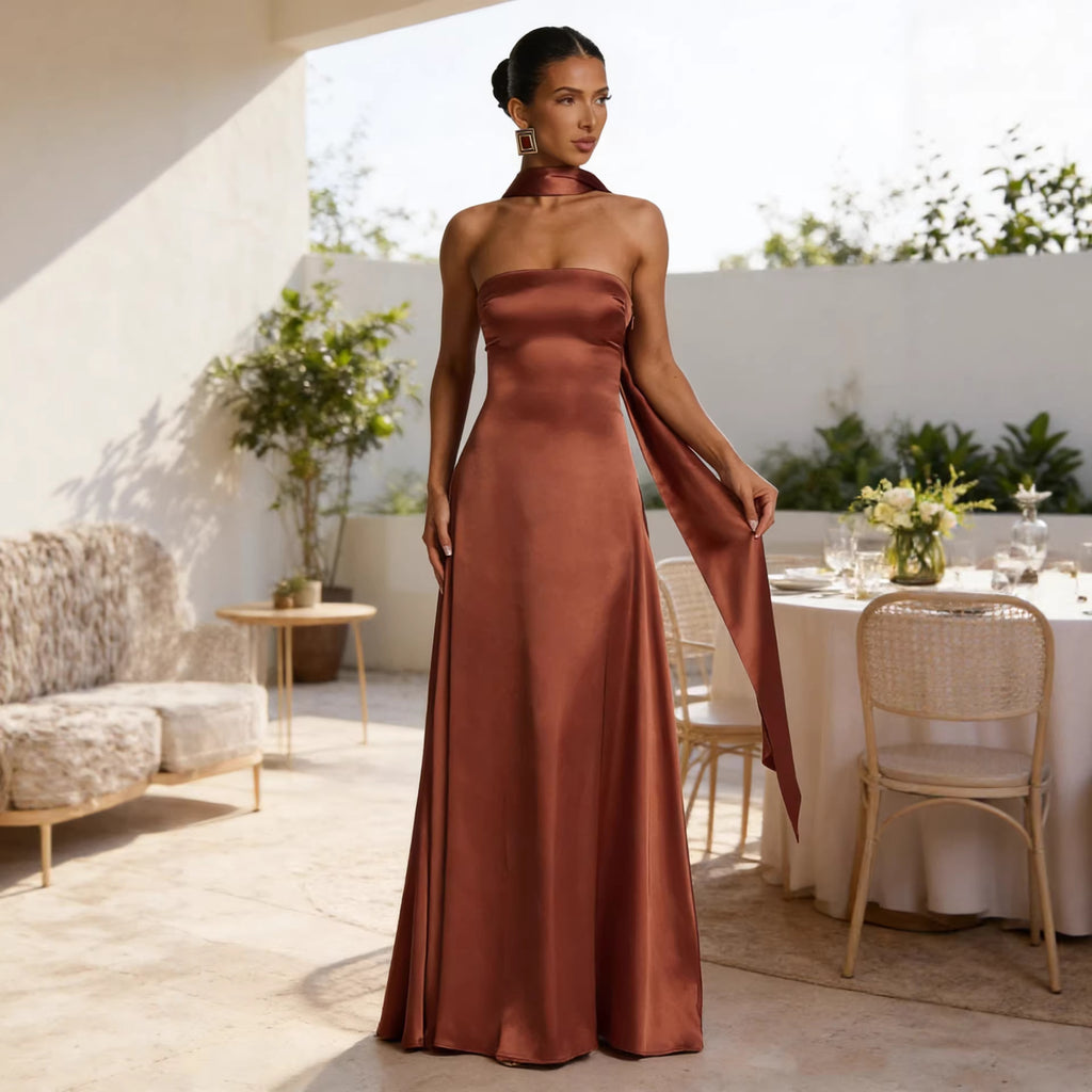 Women`s Chest Wrapping Backless  Evening Gown