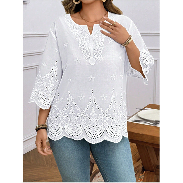 Elegant Embroidered Flared-Sleeve Lace Top Chiffon Blouse