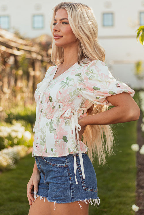 Floral Tied V-Neck Puff Sleeve Peplum Blouse