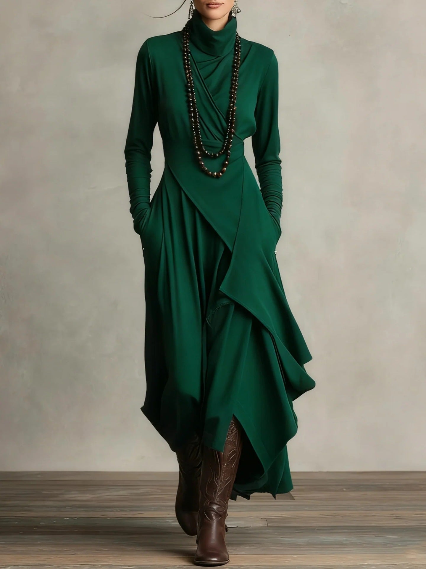 Women's Solid Colour High-Neck Dress