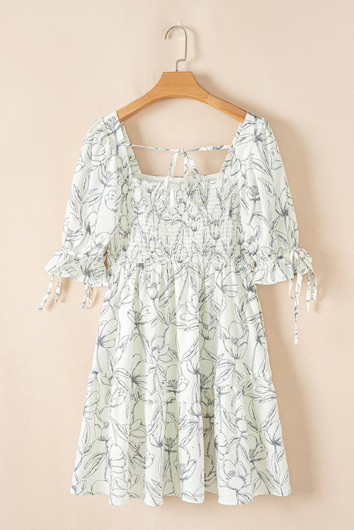Floral Square Neck Shirred Back Mini Dress
