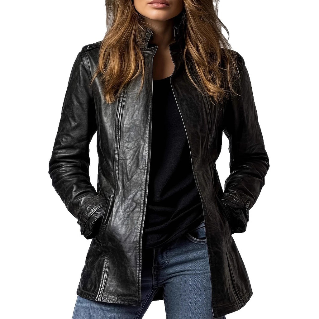 Women's Stand Collar Long Sleeve Distressed Fashion Leather Jacket