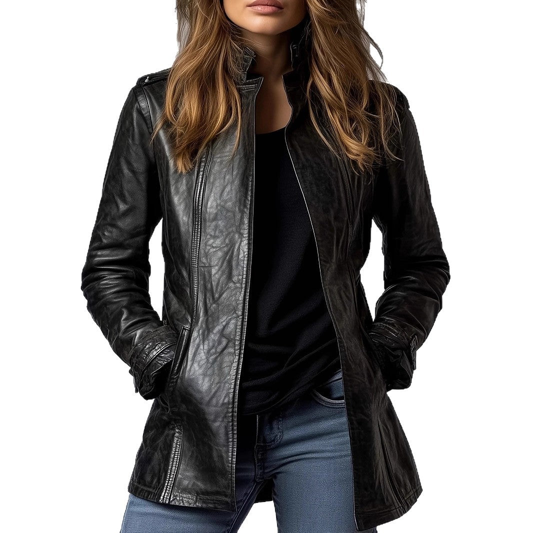 Women's Stand Collar Long Sleeve Distressed Fashion Leather Jacket