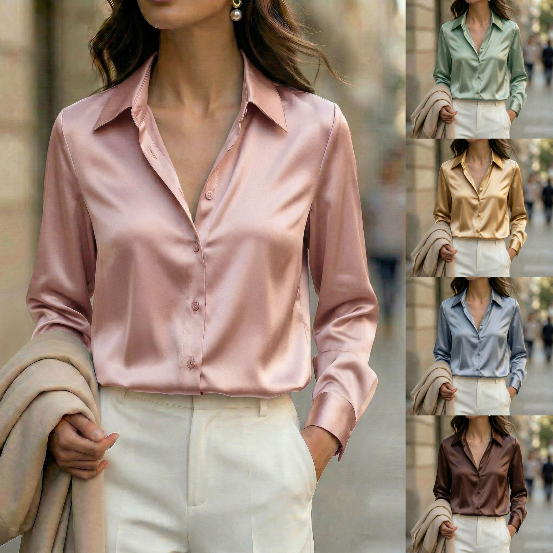 New Elegant Graceful Long-Sleeve Satin Shirt For Women