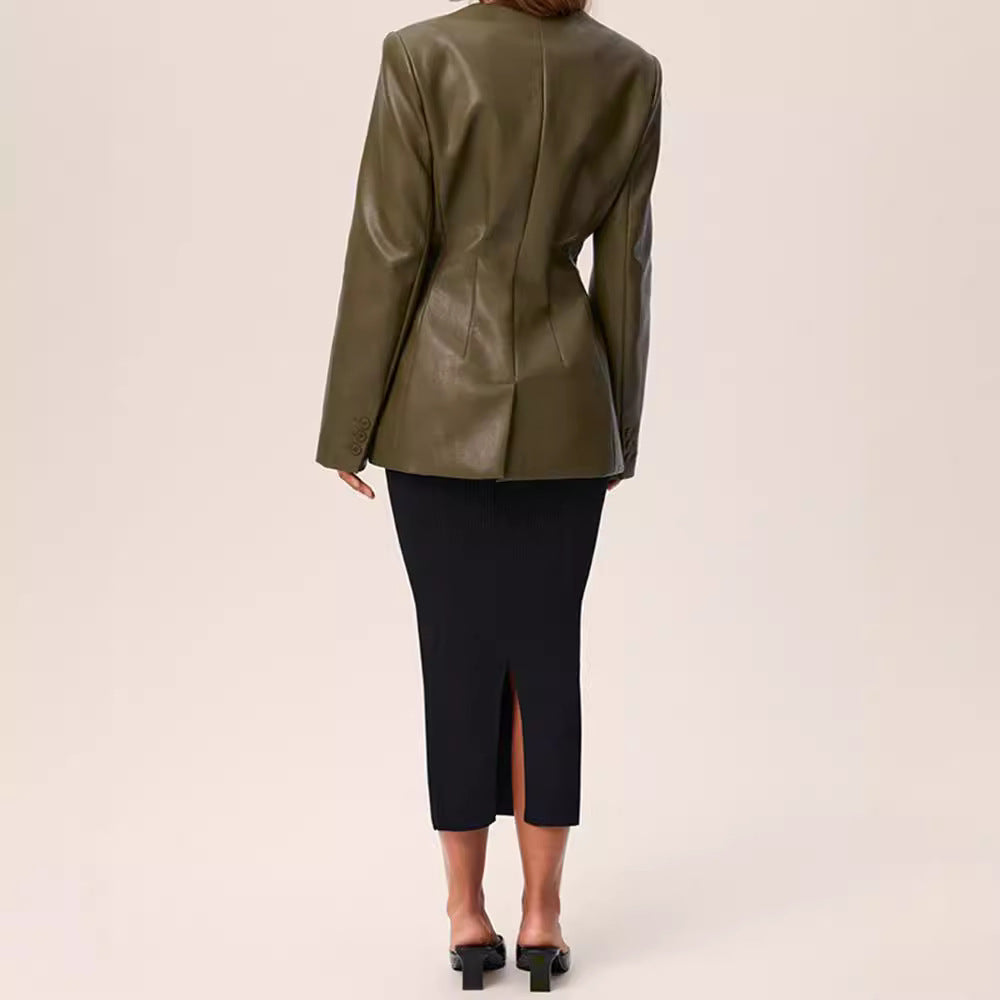 Fashionable Elegant Green V-neck Faux Leather Jacket