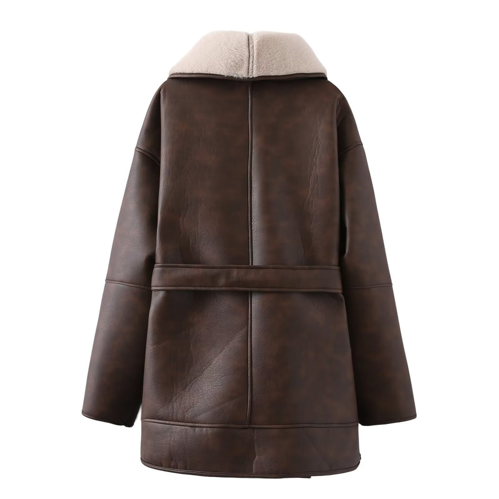 Leather Fur Collar Belted Coat