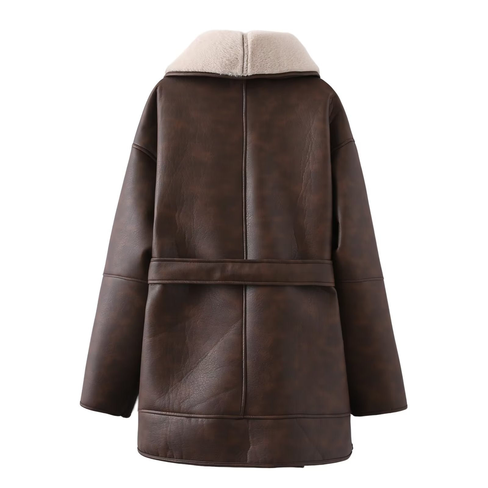 Leather Fur Collar Belted Coat