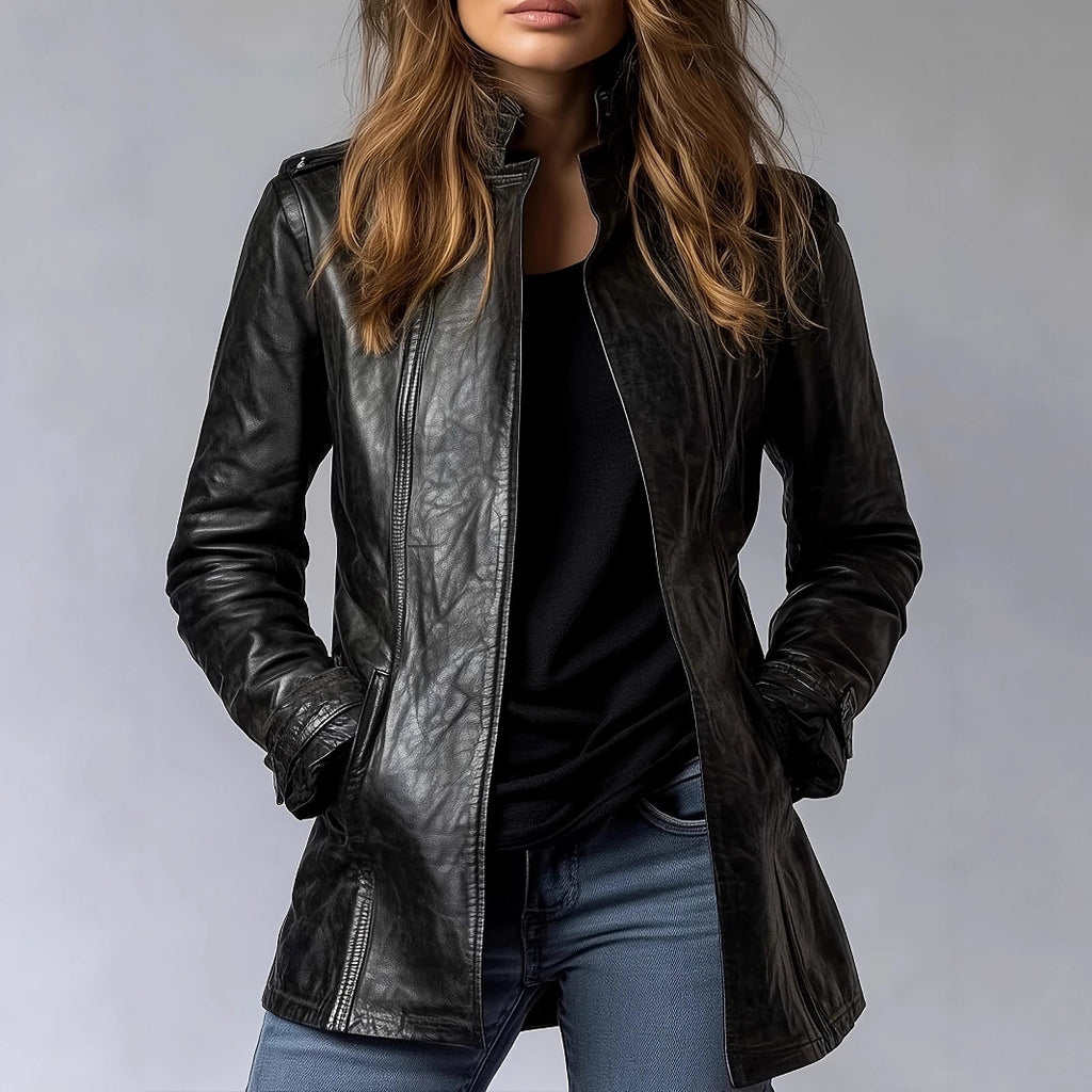 Women's Stand Collar Long Sleeve Distressed Fashion Leather Jacket