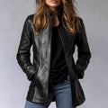 Women's Stand Collar Long Sleeve Distressed Fashion Leather Jacket