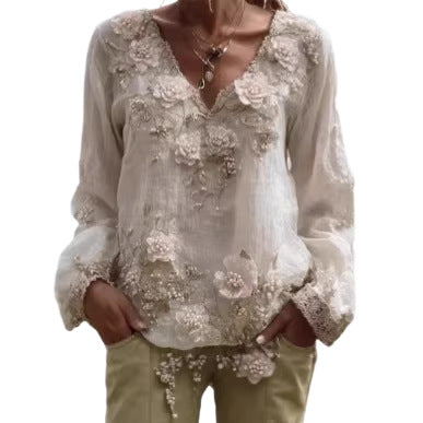 Women's Floral Print V-Neck Long Sleeve Blouse
