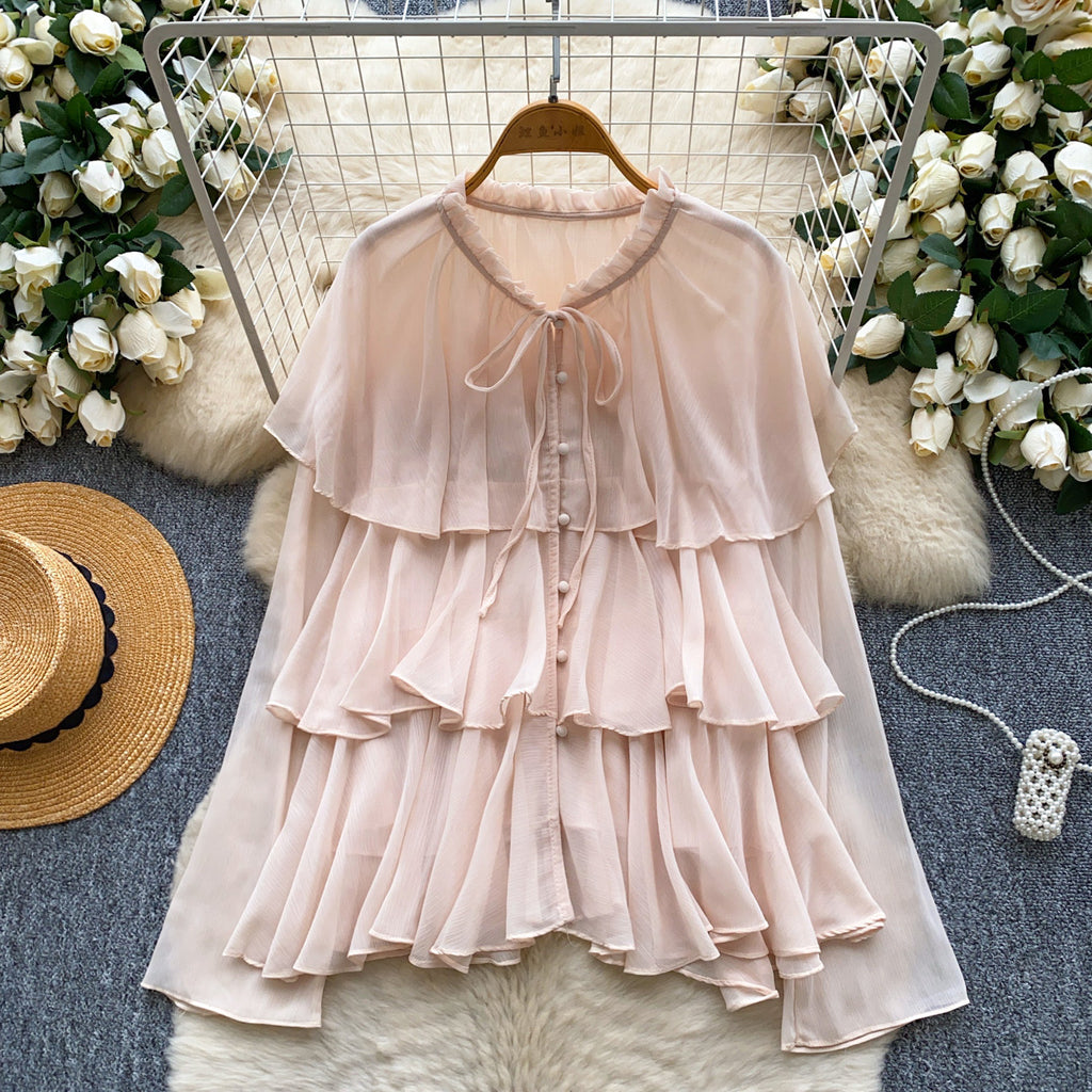 Women's Loose-Fitting Lace-Up Ruffle-Trimmed Chiffon Shirt