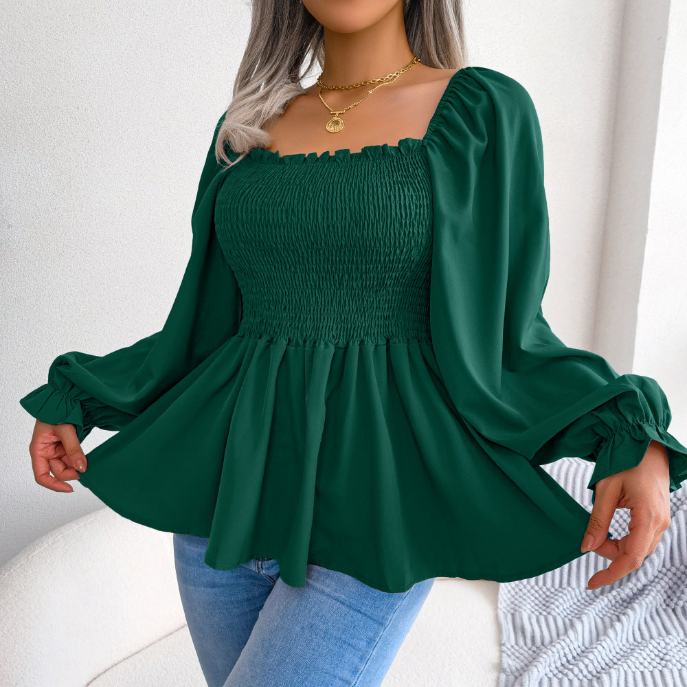 Women's Casual Ruffle-trimmed Square-neck Long-sleeve Top