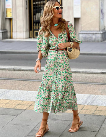 Women's Fashion V-neck Puff Sleeve Dress