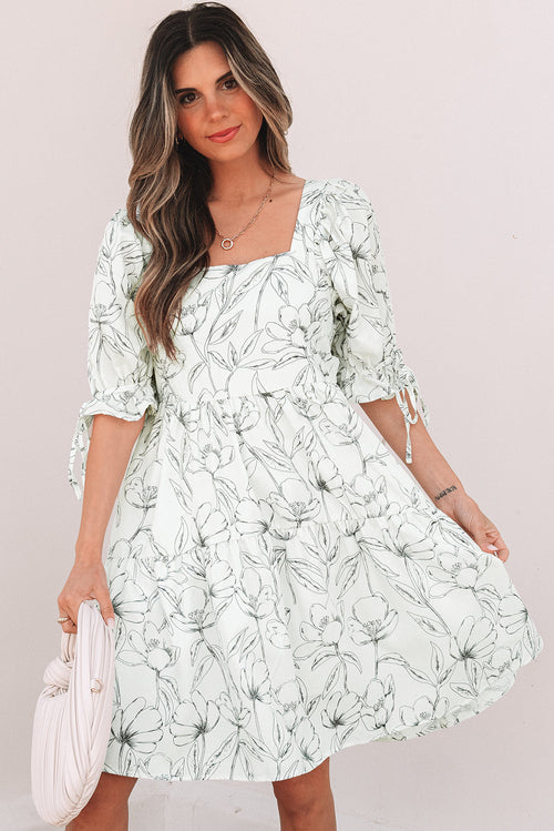 Floral Square Neck Shirred Back Mini Dress