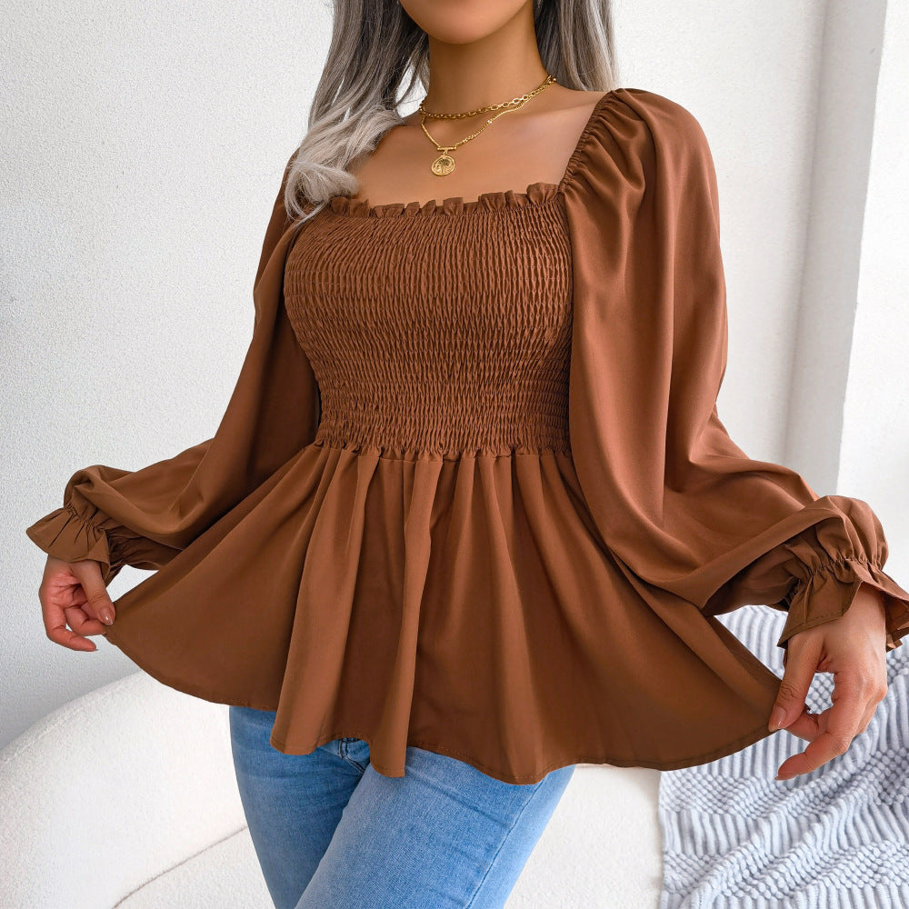Women's Casual Ruffle-trimmed Square-neck Long-sleeve Top