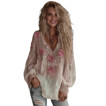 Women's Floral Print V-Neck Long Sleeve Blouse