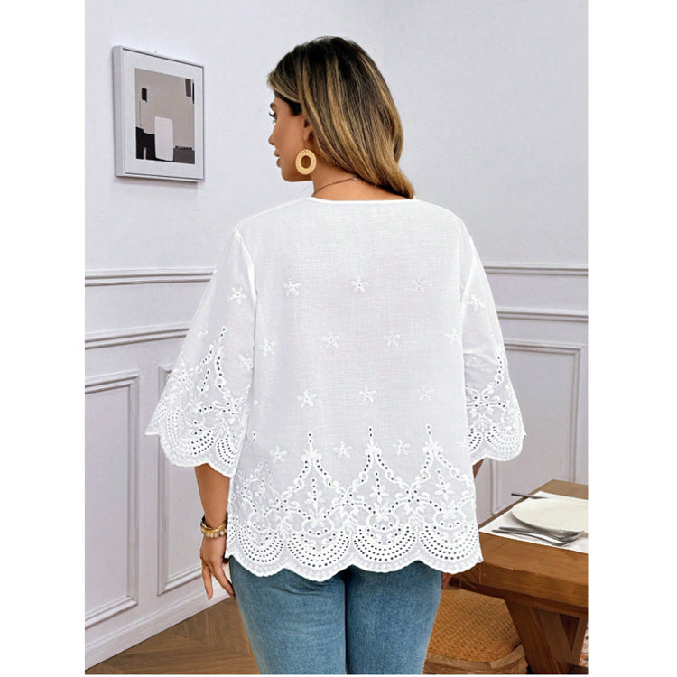 Elegant Embroidered Flared-Sleeve Lace Top Chiffon Blouse