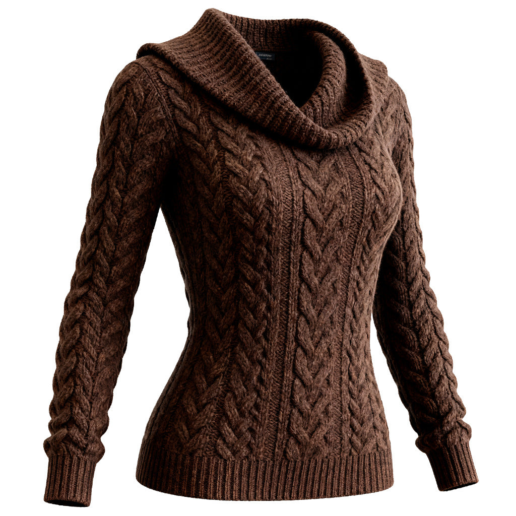 Womens Country-Style Brown Cable-Knit Turtleneck Sweater