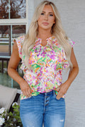 Ruffled Short Sleeve Notched Neck Blouse