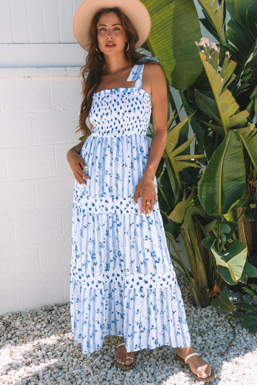 Floral Smocked Tied Strap Tiered Maxi Dress