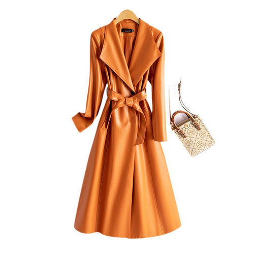 Artificial Leather Fall-Spring Trench Coat