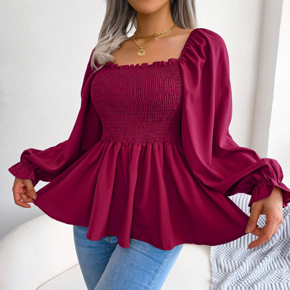 Women's Casual Ruffle-trimmed Square-neck Long-sleeve Top