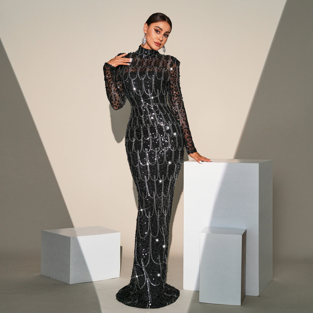 Long Sleeve Round Neck Slim-fit Sequined Evening Gown