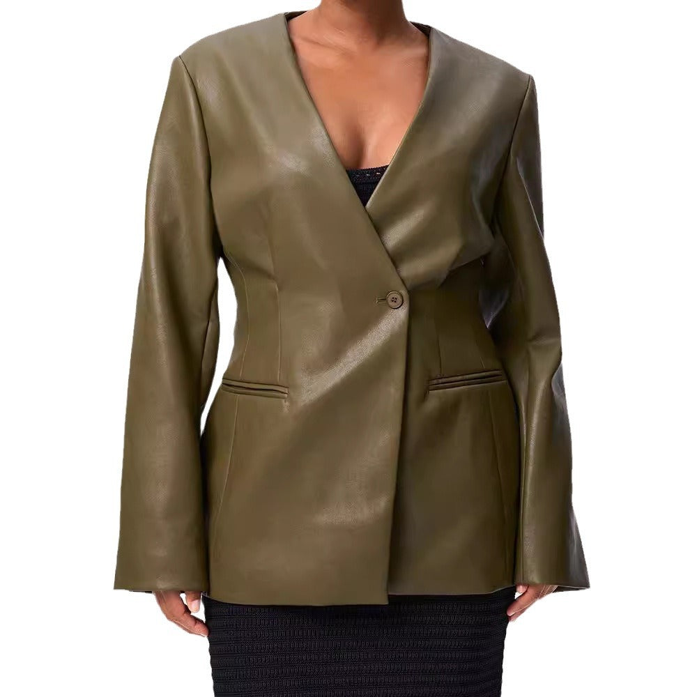 Fashionable Elegant Green V-neck Faux Leather Jacket