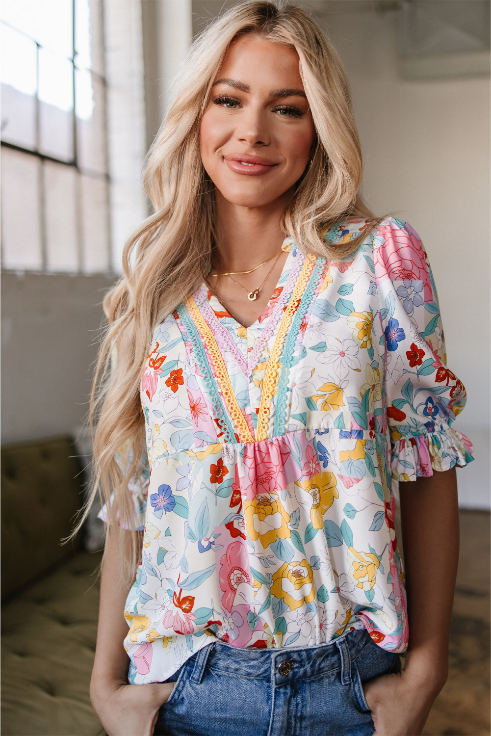 Boho Flower Half Puff Sleeve Blouse