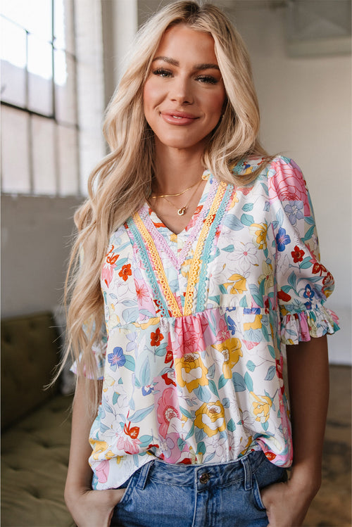 Boho Flower Half Puff Sleeve Blouse
