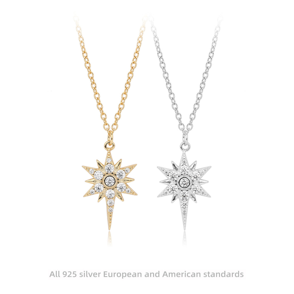 S925 Sterling Silver Inlaid Stone Eight-pointed Stars Pendant Necklace
