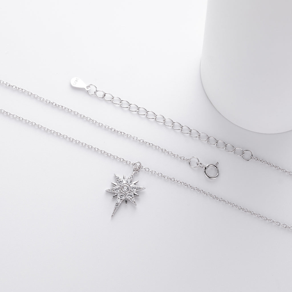 S925 Sterling Silver Inlaid Stone Eight-pointed Stars Pendant Necklace