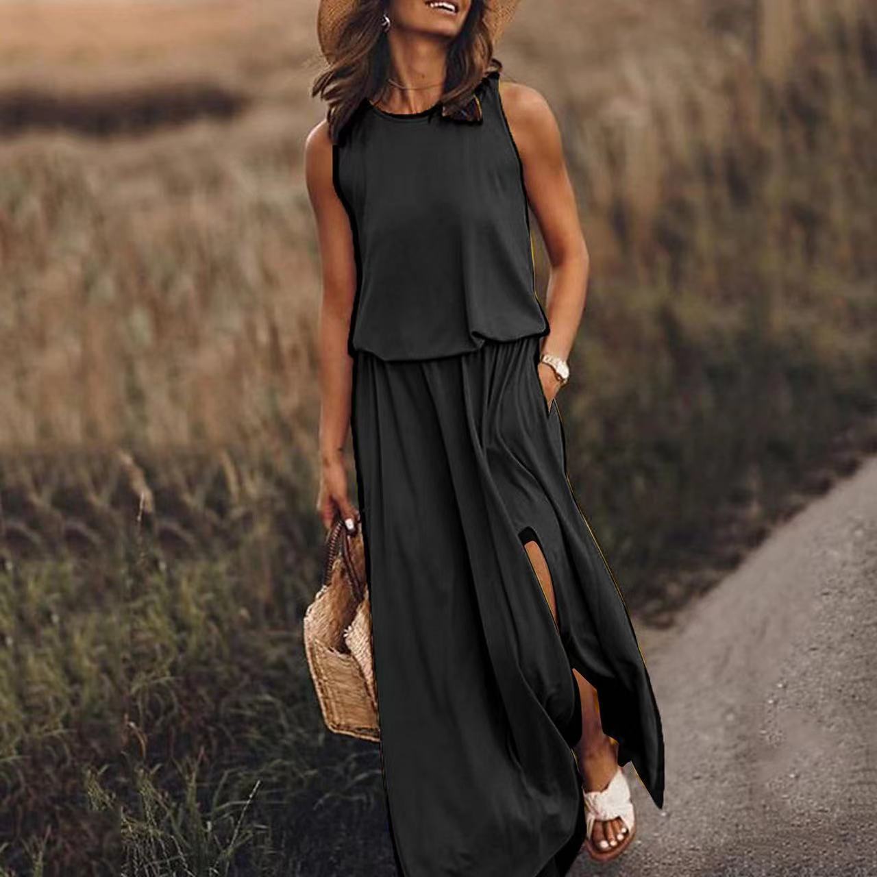 Round Neck Sleeveless Split Solid Color Dress