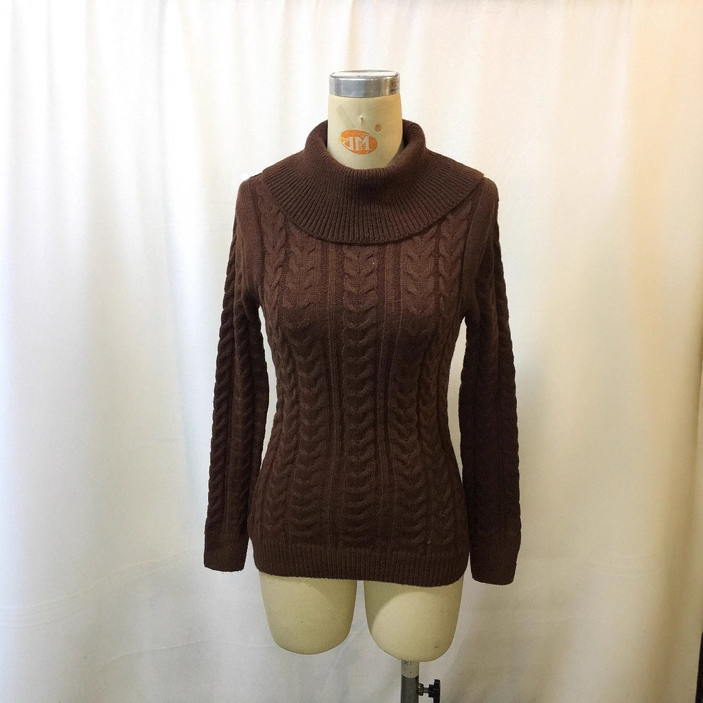 Womens Country-Style Brown Cable-Knit Turtleneck Sweater