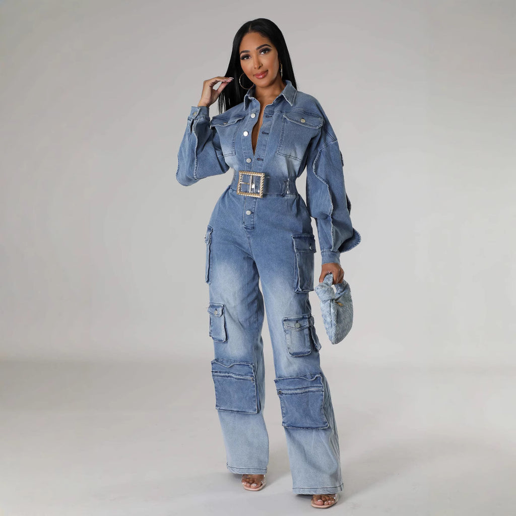Washed And Worn Denim Jumpsuit With Pockets