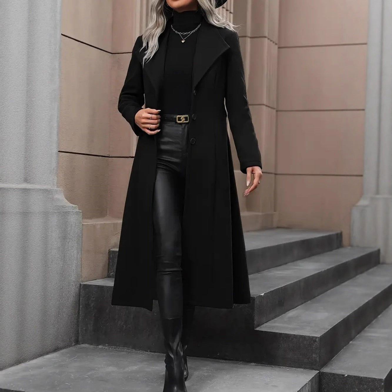 Women's Black Minimalist Belted Coat