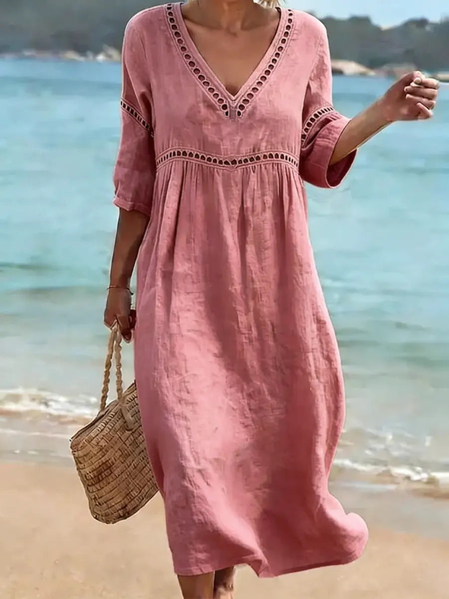 Elegant Casual V-Neck Solid Color Mid-Sleeve Womens Dress