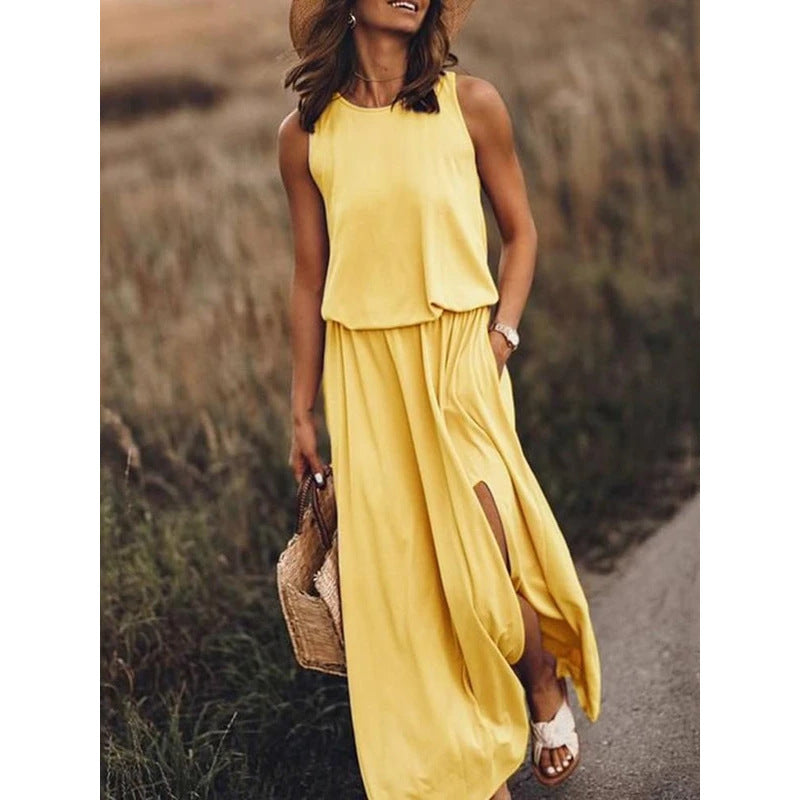 Round Neck Sleeveless Split Solid Color Dress