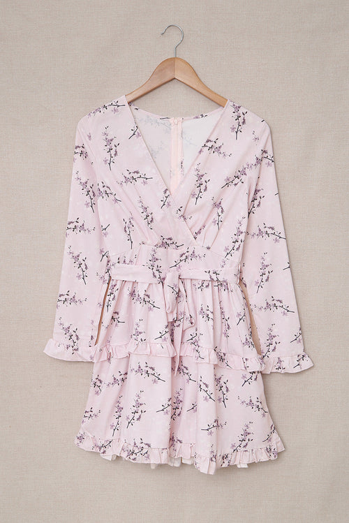 Pink, Floral Print, Wrap, Romantic & Sweet Mini Dress