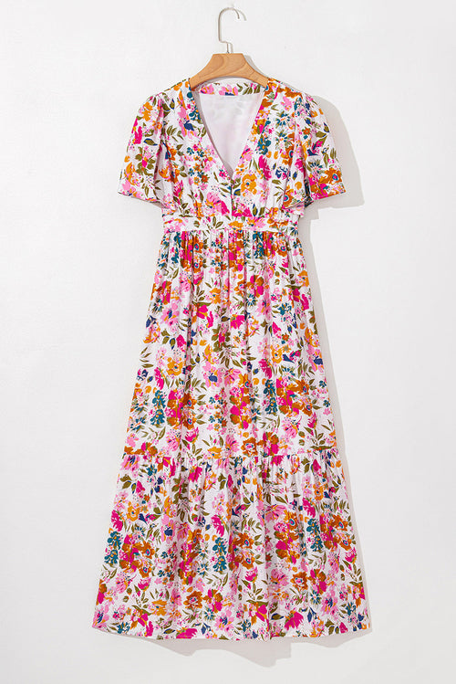 Floral V-Neck Short Sleeve Maxi Dress