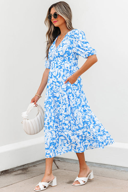 Floral V-Neck Puff Sleeve Flowy Maxi Dress