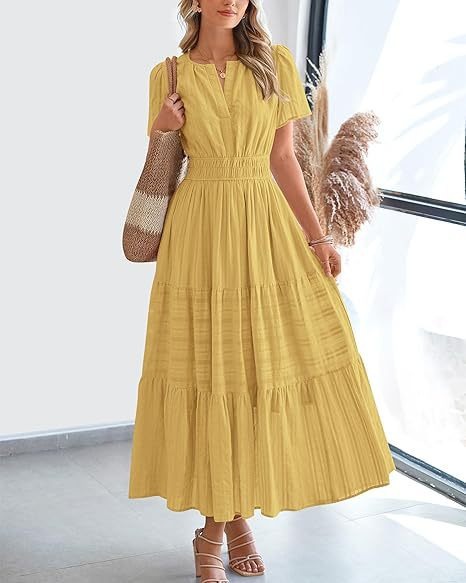 V neck Puff Sleeve Maxi Dress For Women