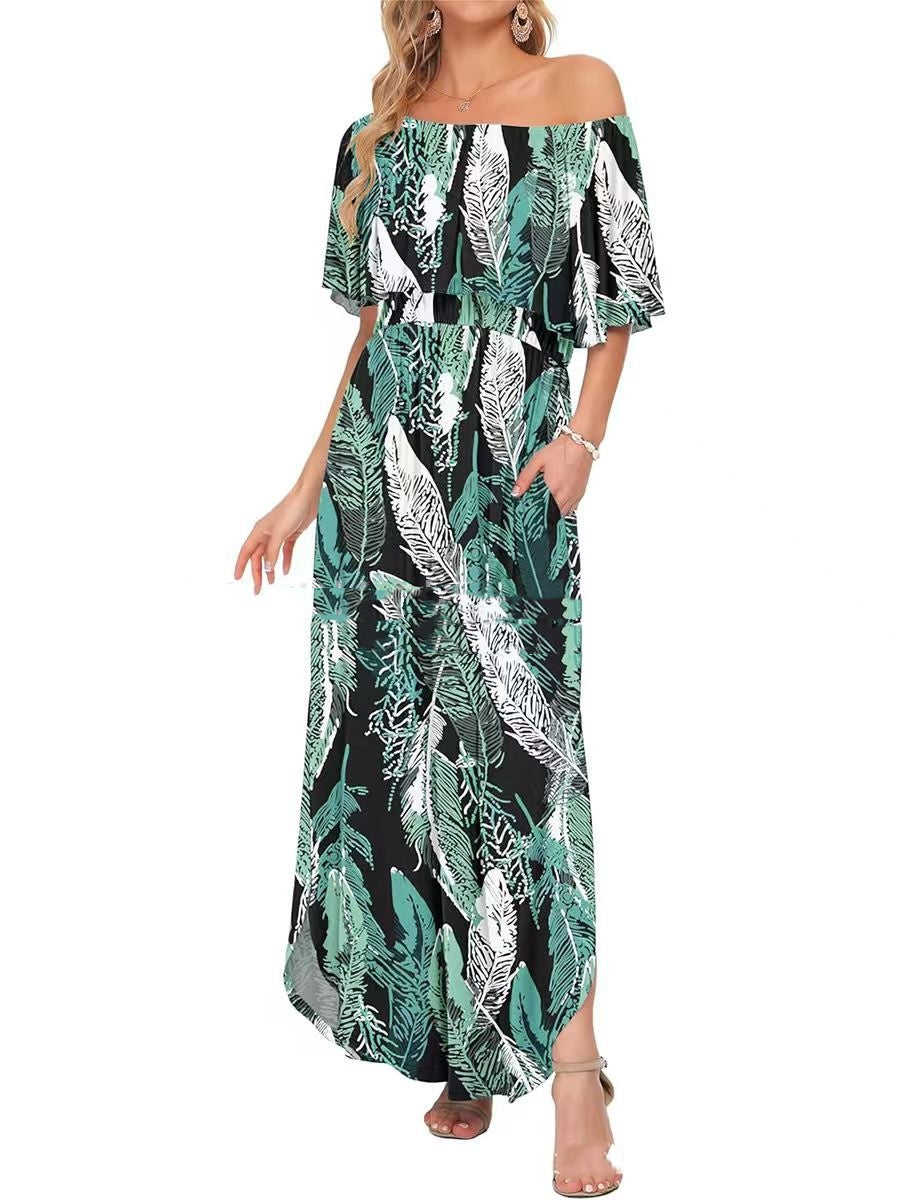 Printed Off-shoulder Short-sleeve Maxi Dress