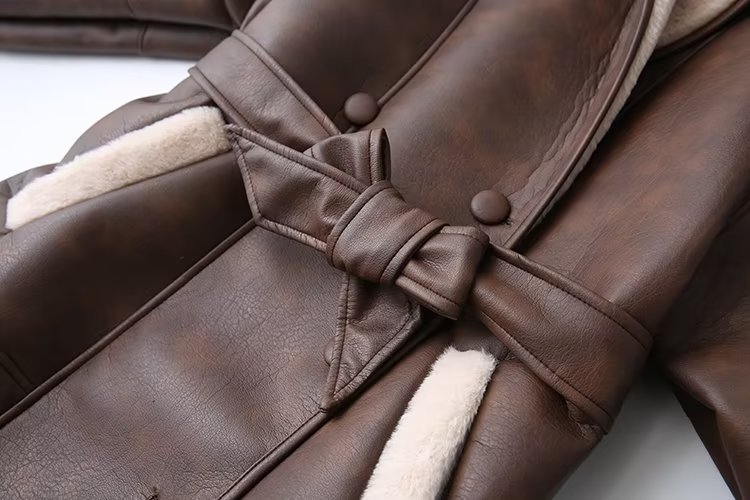 Leather Fur Collar Belted Coat