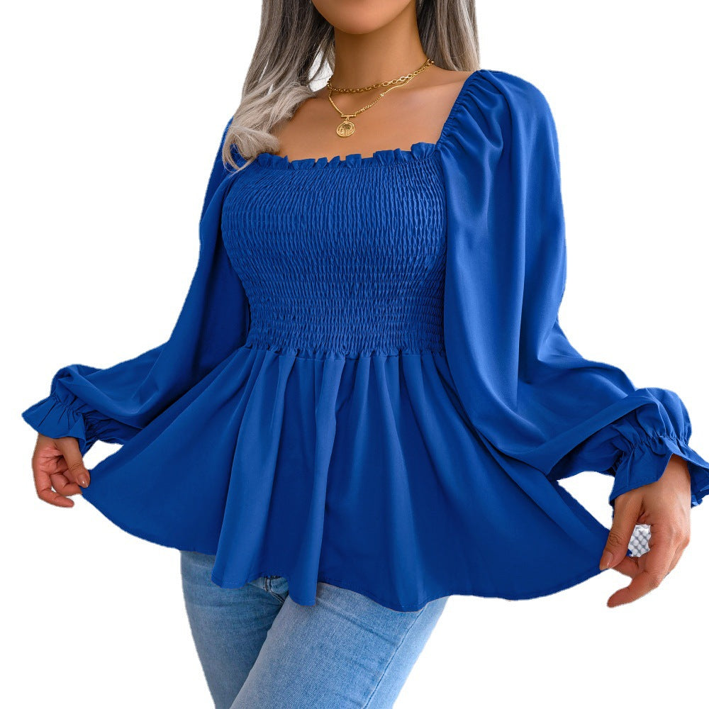 Women's Casual Ruffle-trimmed Square-neck Long-sleeve Top