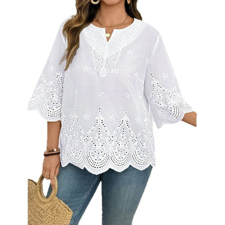 Elegant Embroidered Flared-Sleeve Lace Top Chiffon Blouse
