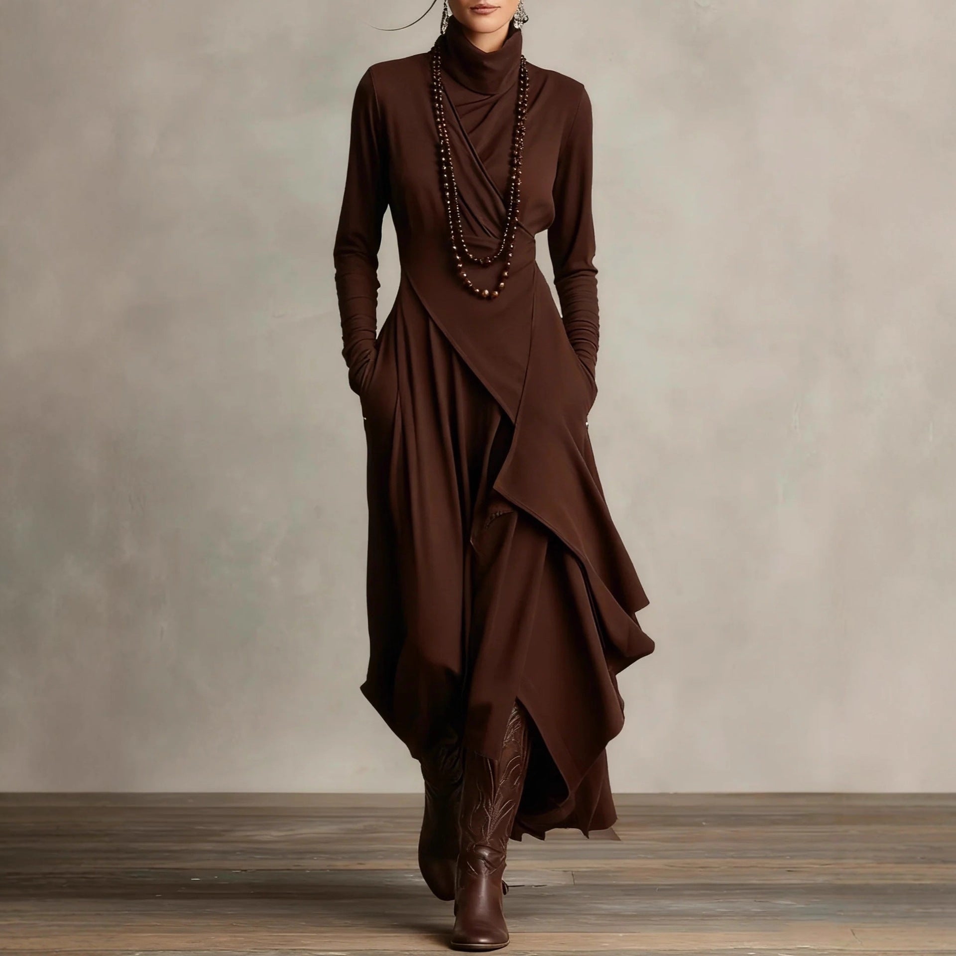 Women's Solid Colour High-Neck Dress