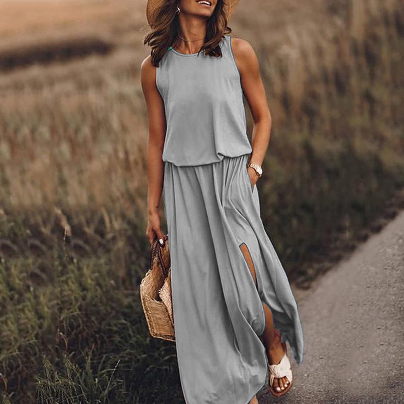 Round Neck Sleeveless Split Solid Color Dress
