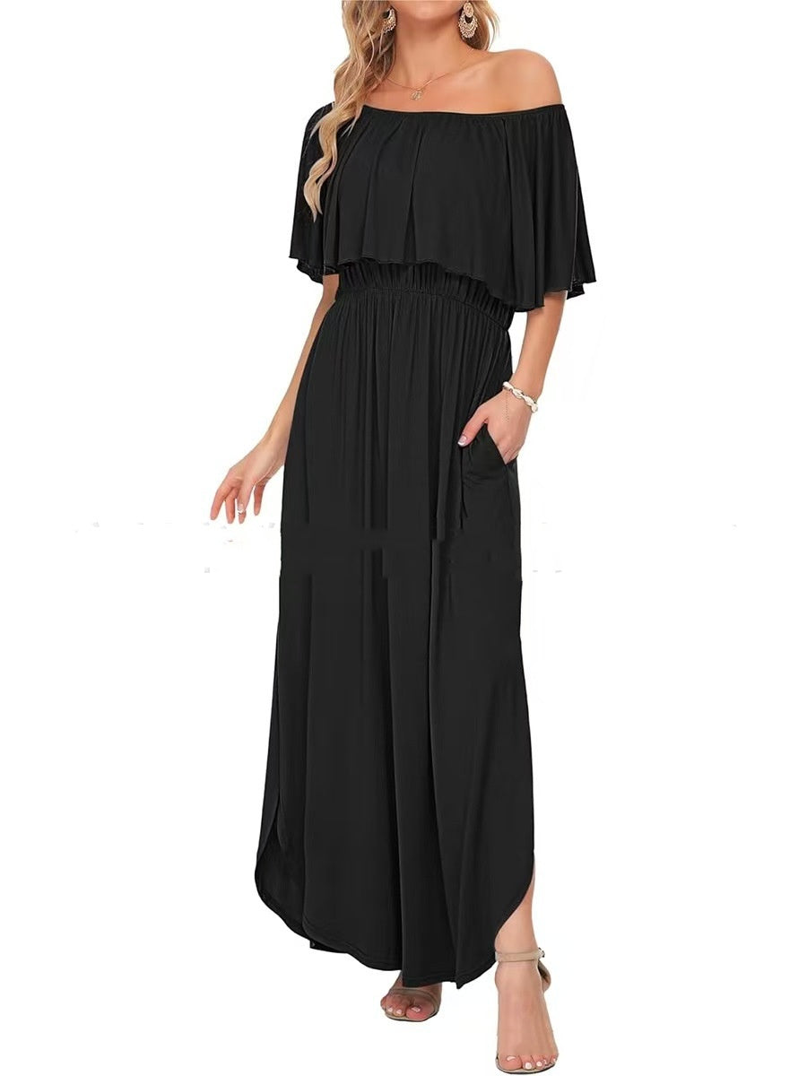 Printed Off-shoulder Short-sleeve Maxi Dress